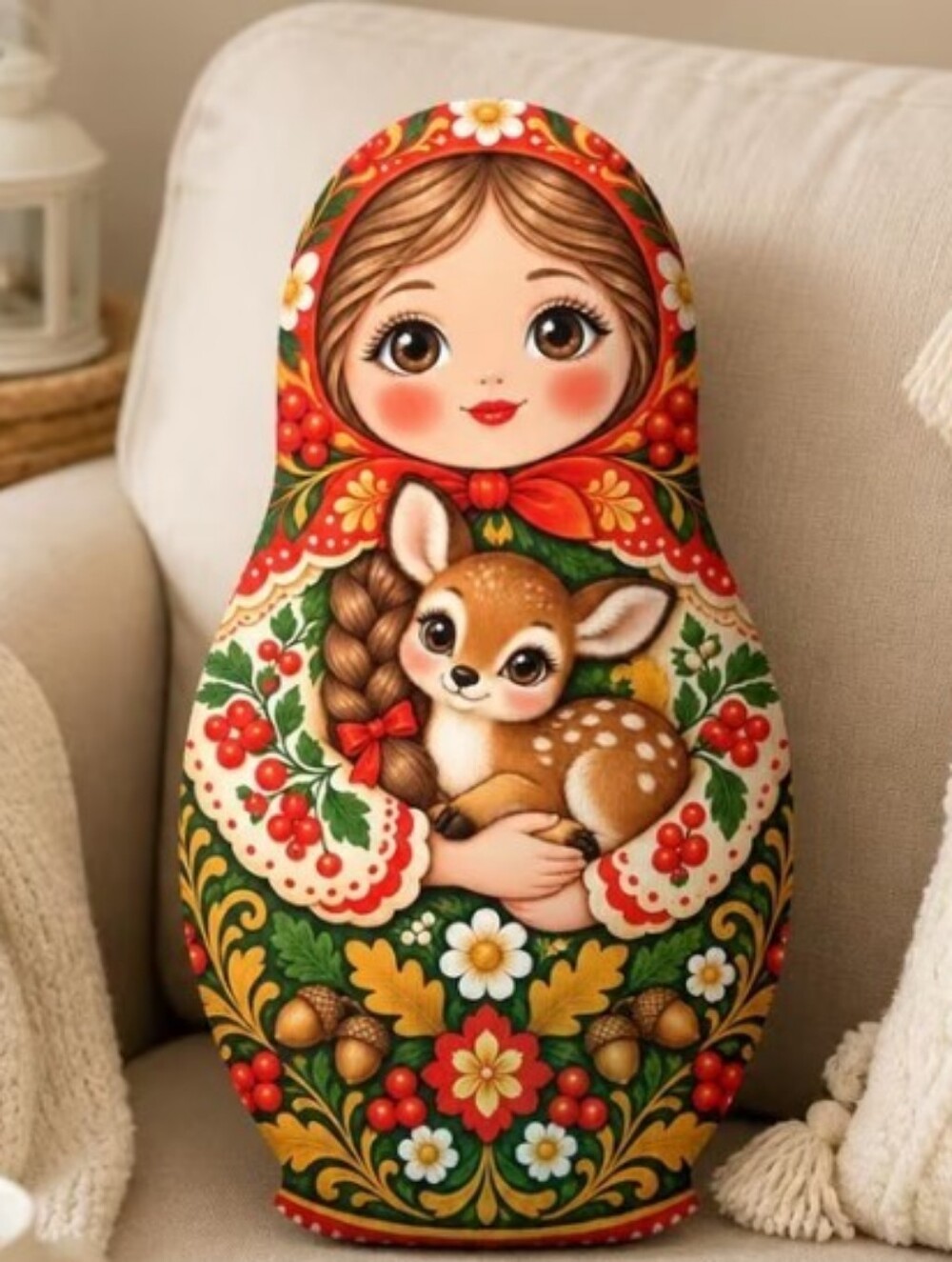 Matryoshka Doll Shaped Throw Pillow with Deer Design